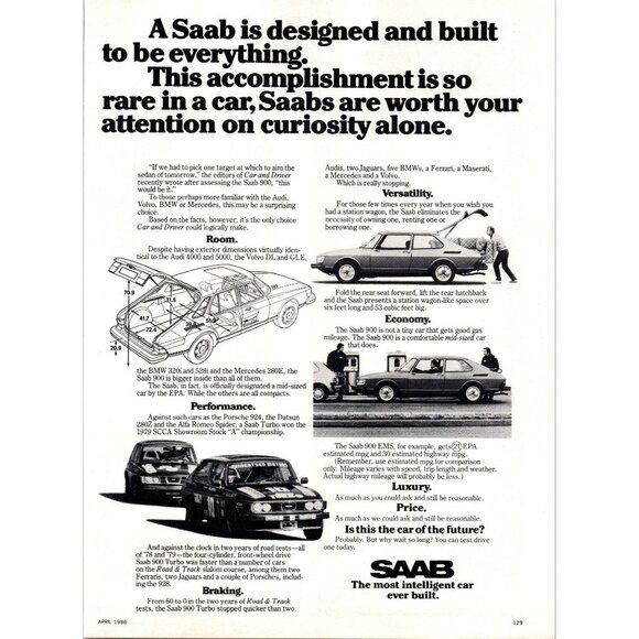 1980 Saab 900 Turbo Vintage Print Ad Car of the Future Man Cave Wall Art - Picture 1 of 2